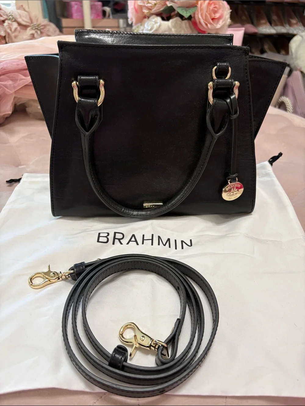 Brahmin Black Leather Satchel with Gold Hardware and Detachable Strap